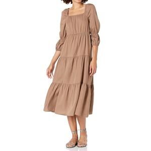 The Drop Women's Keyla Puff-Sleeve Square-Neck Tiered Midi Dress size XS brown